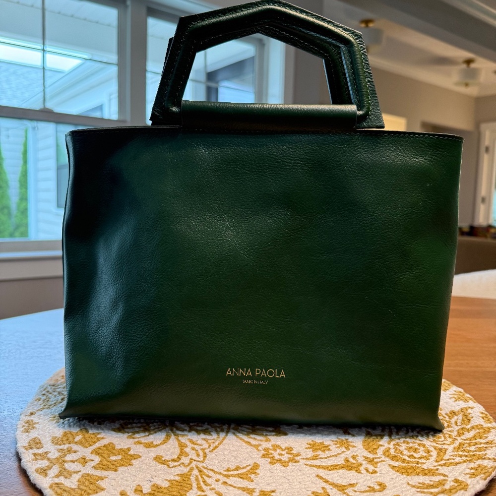 Anna Paola Green Leather Tote with Crossbody Strap